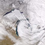 Photo of lake effect snow on Michigan from space