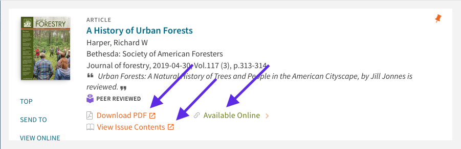 OneSearch record with arrows highlighting the LibKey Discovery enhancements and links