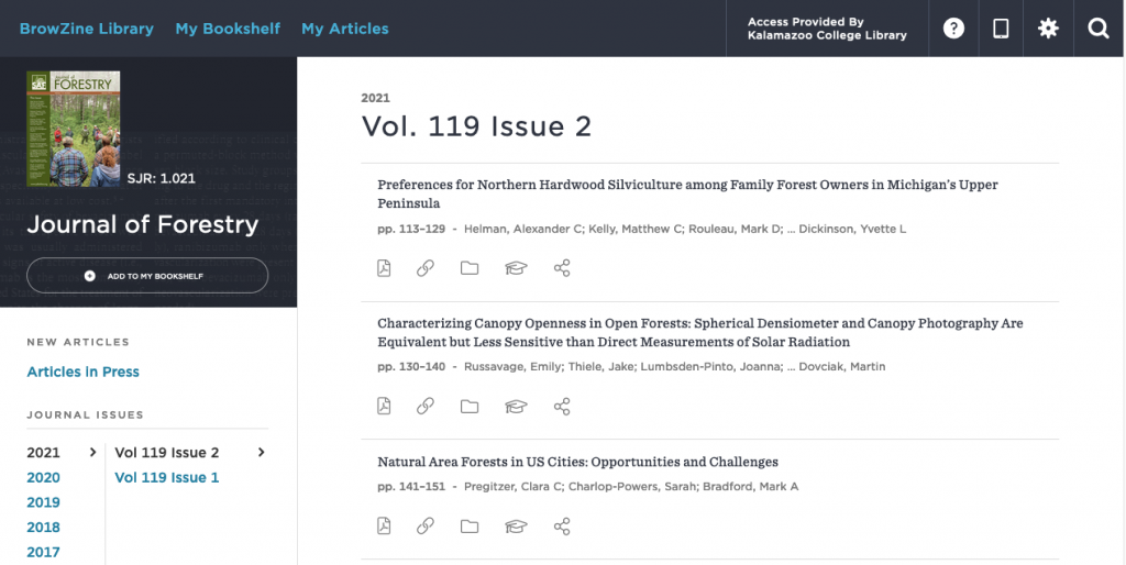 View of journal and issue content within the BrowZine platform